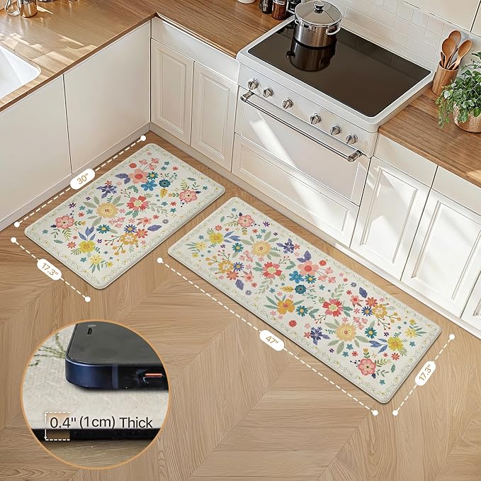 GENIMO Anti Fatigue Kitchen Mats for Floor 2PCS, Cushioned Standing Mats | 17.3"x47"&17.3"x30", SoftWhite vintage floral rug set, waterproof, non slip, easy-clean for farmhouse
