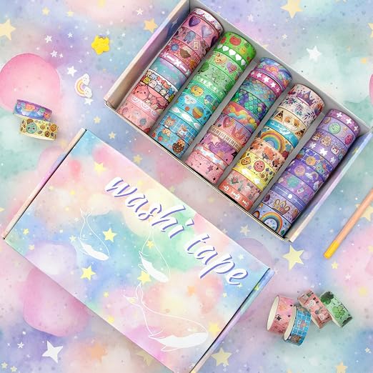 WAPETASHI 50 Rolls Washi Tape Set, Silver Cute Washi Tape for Scrapbooking, Bullet Journal, Planner, Gift, Rainbow Masking Decorative Tape for Kids