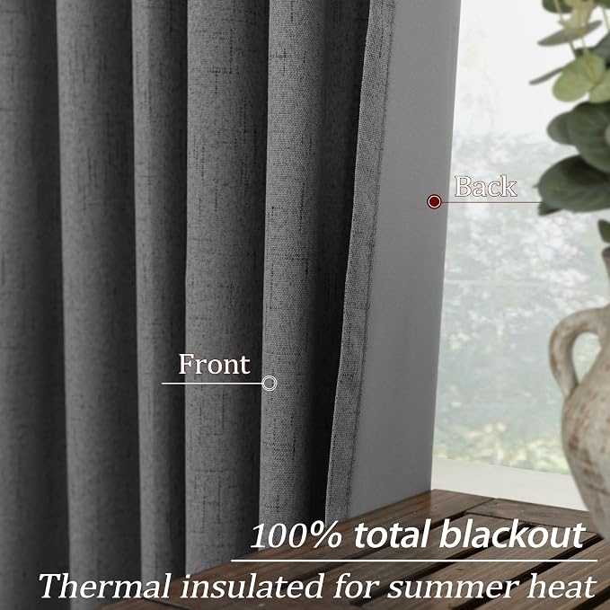KOUFALL Grey Back Tab Linen Blackout Curtains for Living Room 52x105 Inch Length