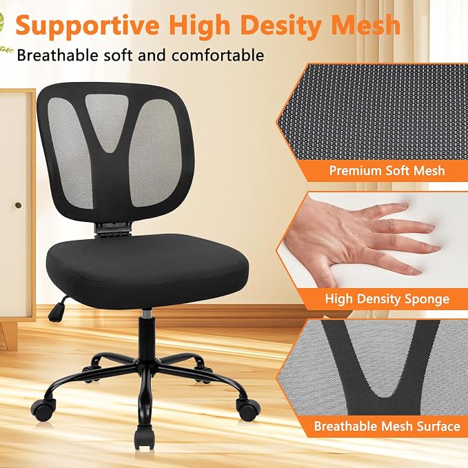 CLATINA Armless Home Office Chair, 360° Swivel Rolling Desk Chair with Lumbar Support and Wheels, Adjustable Height Mesh Back Small Ergonomic Computer Task Chair for Conference Waiting, Black(2 Pack)