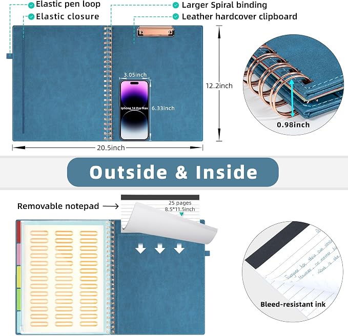 Ospelelf Foldable Spiral Clipboard Folio with with Storage Zipper Pouch, 5 Plastic Folders with 10 Pockets, Leather Clipboard Folder with Notepad, 39 Divider Label Stickers (Hazy Blue)