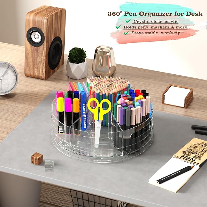 CraftGenes 2 Packs Pen Organizer for Desk - Acrylic Pen Holder with Hand Grips, 360° Extra Large Rotating Desk Organizer with 7 Removable Compartments for Office, Home, and Makeup Storage