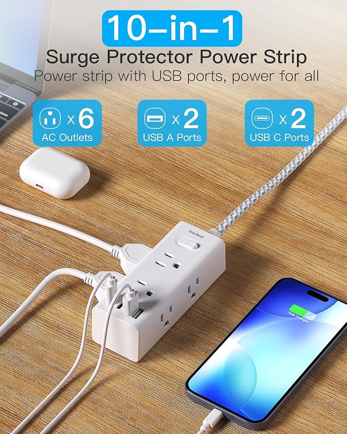 Flat Plug Extension Cord 15Ft, One Beat Surge Protector Power Strip 15 Ft Cord with 6 Widely Outlets 4 USB Ports (2 USB C), 3 Way Wall Outlet Extender Extension Cord for Home Office College Dorm Room