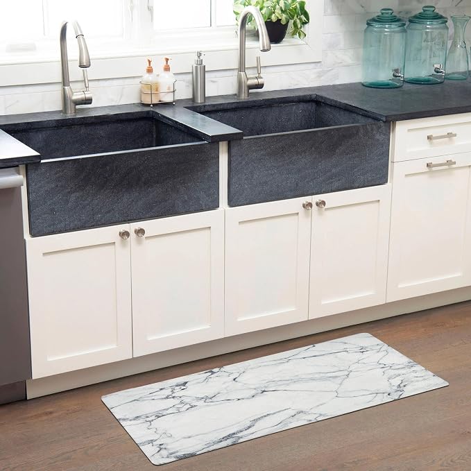 Home Dynamix Cozy Living Modern Marble Runner Anti-Fatigue Kitchen Mat, Non-Slip Floor Mat, Padded Standing Desk Mat, Grey/White, 17.5"x55"