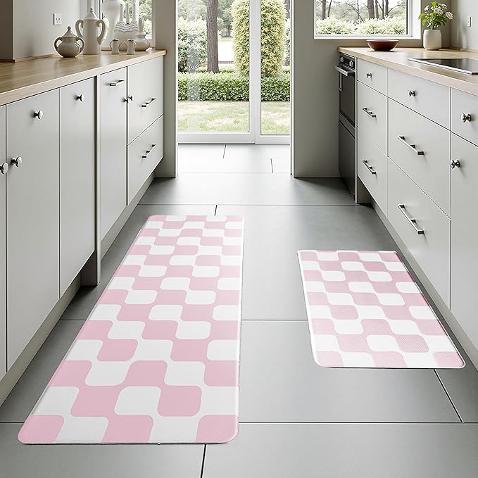 Pink Retro Curvy Checkered Grid Checkerboard Kitchen Rug Sets [2 PCs], Anti-Fatigue, Waterproof Non-Slip Kitchen Mats Heavy Duty Comfort Foam Rug for Floor, Home, Laundry,17"x29"+17"x47"