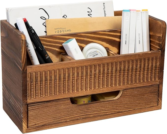 Rustic Brown Wood Desktop Stationery Organizer Mail Sorter Office Supplies Multiple Compartments Bottom Storage Drawer Wooden Caddy Pencil Holder Pen Scissors Tabletop Home Studio Workstation