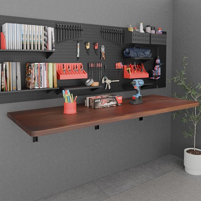 IAE Floating Wall Mounted Folding Table Desk with Pine Wood,60" x 22" Foldable Workbench,Fold Down Wall Mounted Foldable Desk with Shelf Brackets,Laundry Folding Table for Home,Dining,Kitchen, Walnut