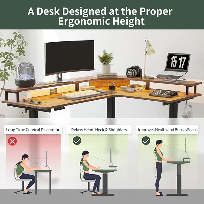 FEZIBO 63"x49" L Shaped Standing Desk with LED Strip & Power Outlets, Height Adjustable Sit Stand Corner Gomputer Desk with Ergonomic Monitor Stand, Rustic Brown Top/Black Frame