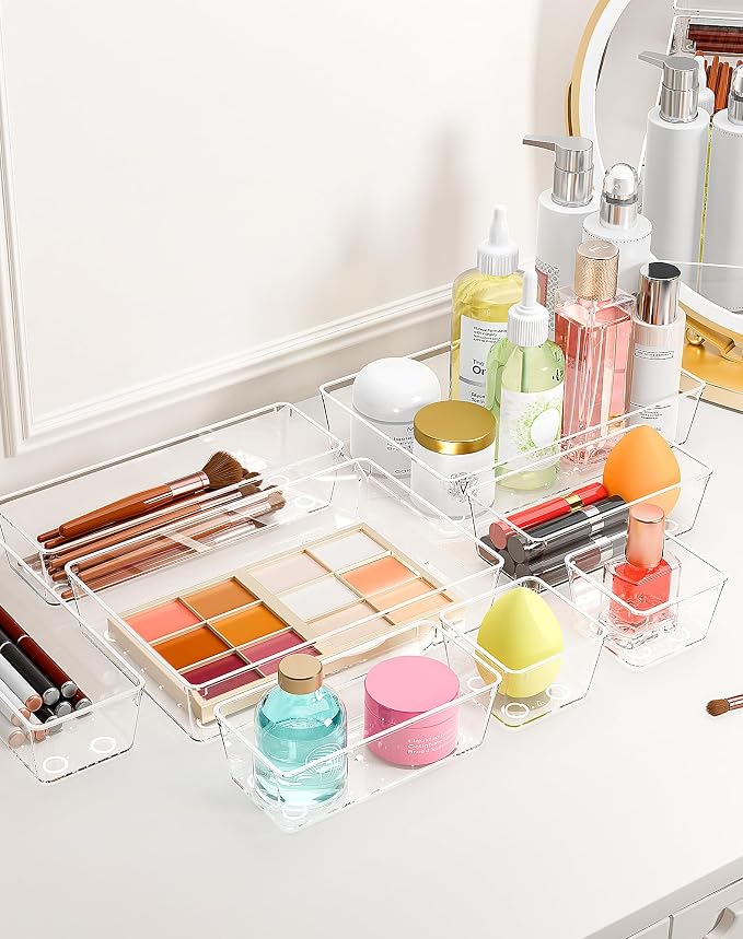55Pcs Clear Plastic Drawer Organizers Set, 4size makeup drawer organizer trays for vanity,desk,bathroom,office,nightstand,gadgets for kitchen drawer, Versatile drawer divider storage bins
