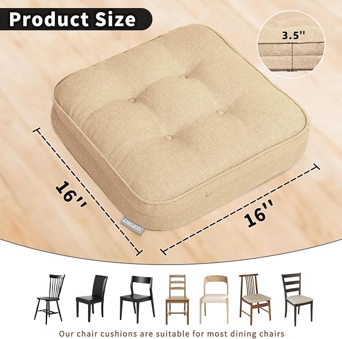 GOFORIT Memory Foam Cushion，Square Seat Cushions for Dining Chairs,Non-Slip Chair Pads with Removable Cover, 16'' x 16'', Khaki