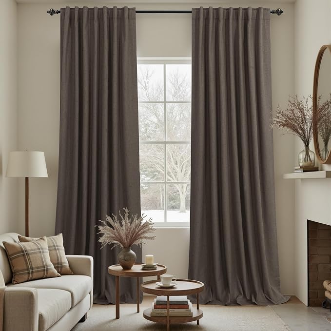 KOUFALL Dark Brown Curtains 108 Inches Long Linen Blackout Room Darkening Pleated Curtains for Living Room 2 Panels Set