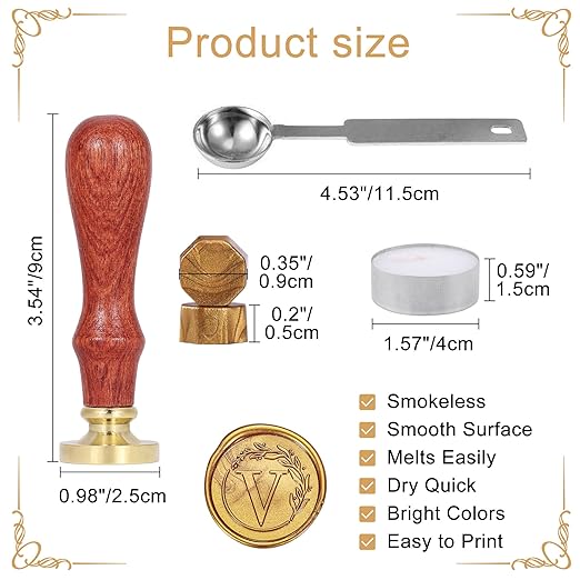 Yoption Letter Wax Seal Kit, Vintage Initial Alphabet V with Wreath Wax Stamp and 120 Antique Gold Wax Seal Beads