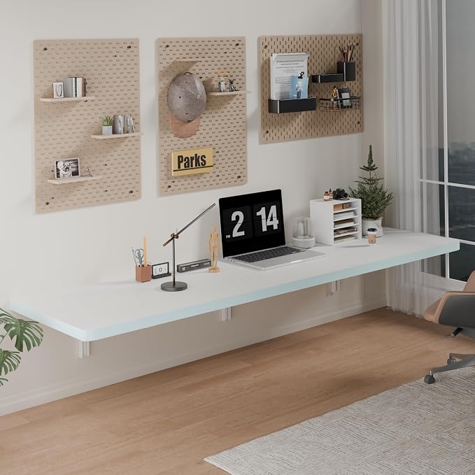 IAE Wall Mounted Folding Table with Pine Wood,60" x 16" Floating Wall Desk,Laundry Folding Table with Shelf Brackets,Fold Down Desk Shelf,Fold Workbench for Apartments,Home,Laundry Room,Kitchen,White