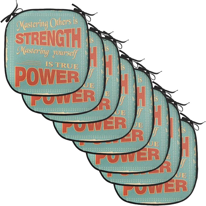 Lunarable Saying Chair Cushion Pads Set of 8, Notes Mastering Yourself is True Power by Lao Tzu, Anti-Slip Seat Padding for Kitchen & Patio, 16"x16", Pale Brown Pale Blue