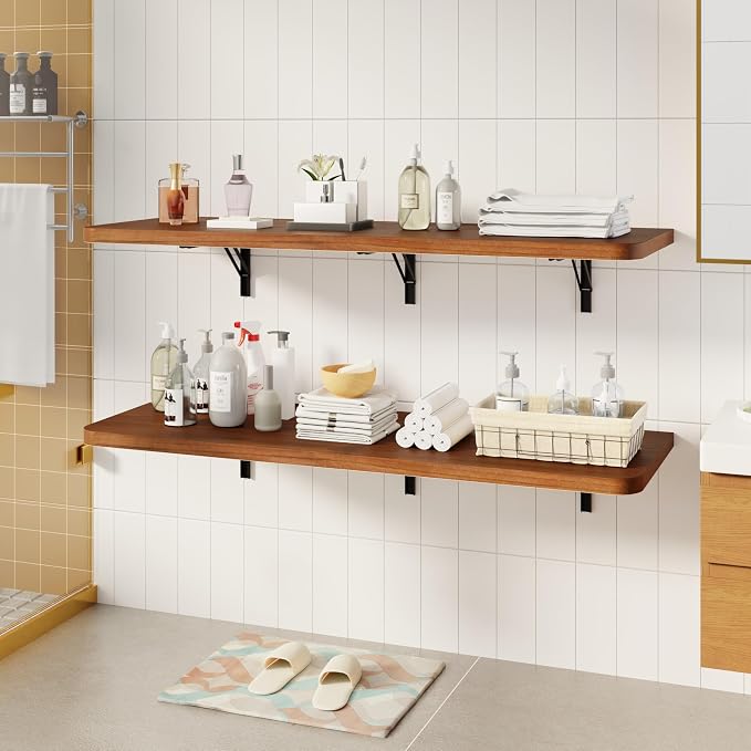 Dogsky Floating Wall Desk, 48" x 16" Wall Mounted Folding Table, Pine Wood Fold Down Wall Table, 300 lb Capacity Wall Mount Desk for Small Apartment, Laundry Room,Kitchen,Bar & Computer Use, Walnut