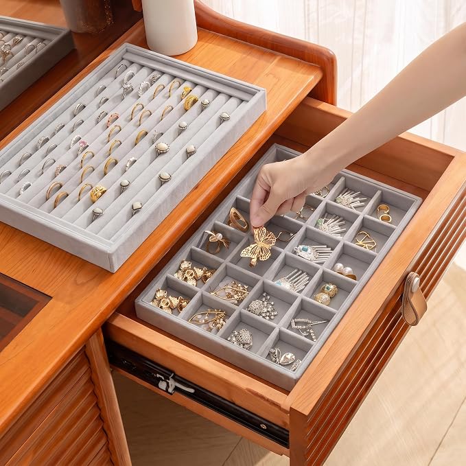 Jewelry Trays for Drawer,Set of 4 Jewelry Organizer and Storage | Velvet Material,Stackable,Adjustable Dividers,Drawer Inserts for Rings Studs Bracelet,Earring Organizer for Women Girls