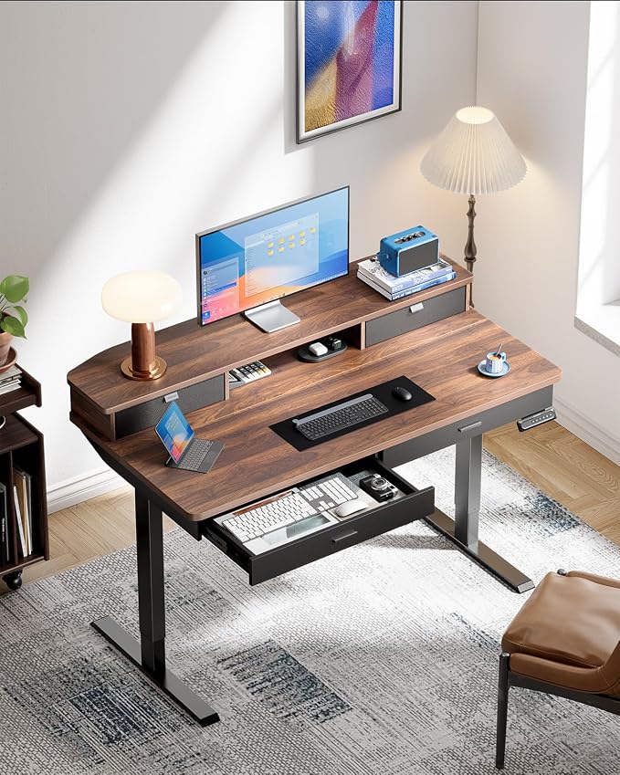 HUANUO 55 x 30 inch Electric Standing Desk with 4 Drawers, Walnut | Deeper 30 Inch Desktop, Cable Tray, Monitor Mount Support, Grommet Routing, 27.9–46.8 Inch Height Range, Home Office Use