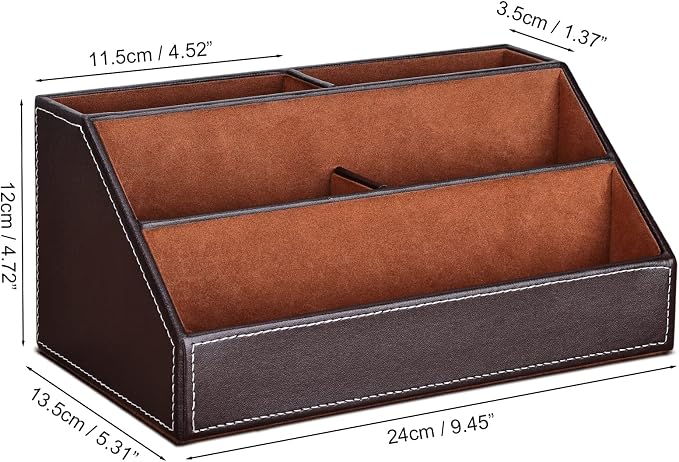 Pu Leather Desk Organizer with 5 Compartments Holder, Multi-Functional Office Supplies Storage Caddy for Pen/Pencil, Phones, Remote Controller and Desktop Accessorie Brown