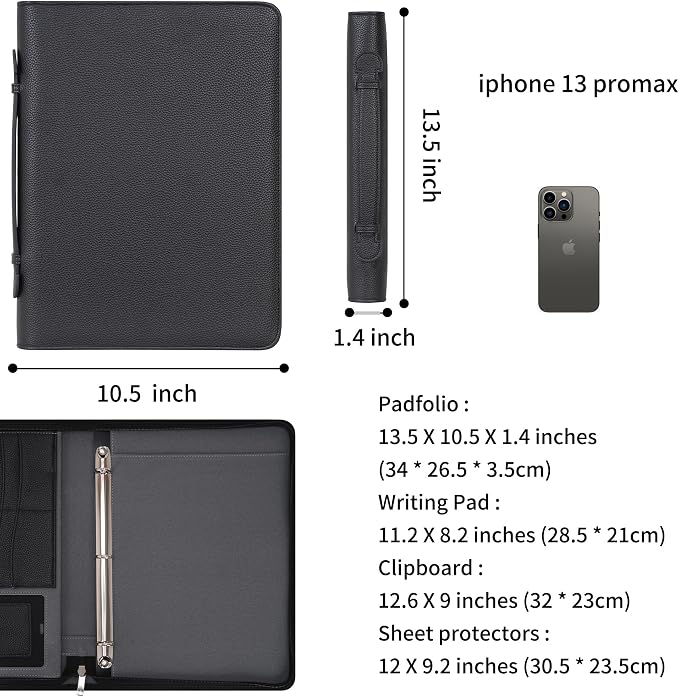 Wonderpool Travel Zippered Portfolio 3 Ring Binder A4 Padfolio Document Case with Removable Clipboard Legal Pad Holder, Business Office School Organizer for Men and Women (Black)