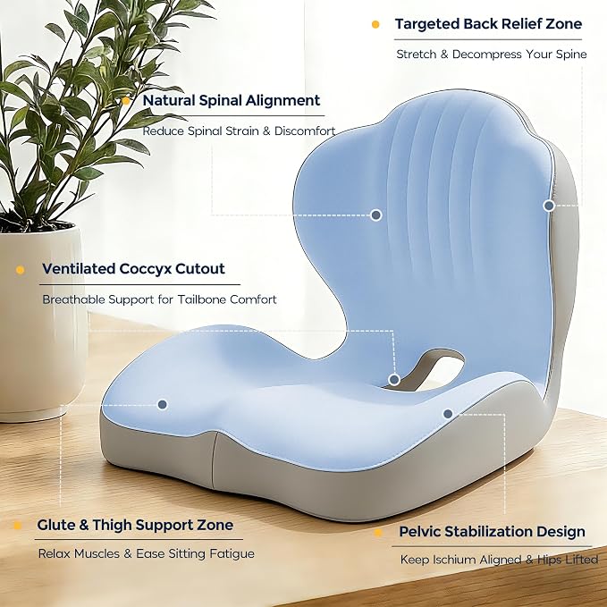 Seat Cushion for Office Chair Car, L-Shaped Ergonomic Seat Cushions,Memory Foam Orthopedic Cushion with Coccyx Hollow,Lumbar Support & Tailbone Pain Relief for Car, Truck, Home,Blue & Gray