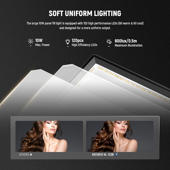 NEEWER Basics 9" LED Video Light Panel, 3200-5600K Edge Lit Dimmable Camera Soft Key Lighting, CRI95+ 800Lux 4000mAh Rechargeable for Video Recording Streaming Selfie Vlog Studio Photography, NL-120B
