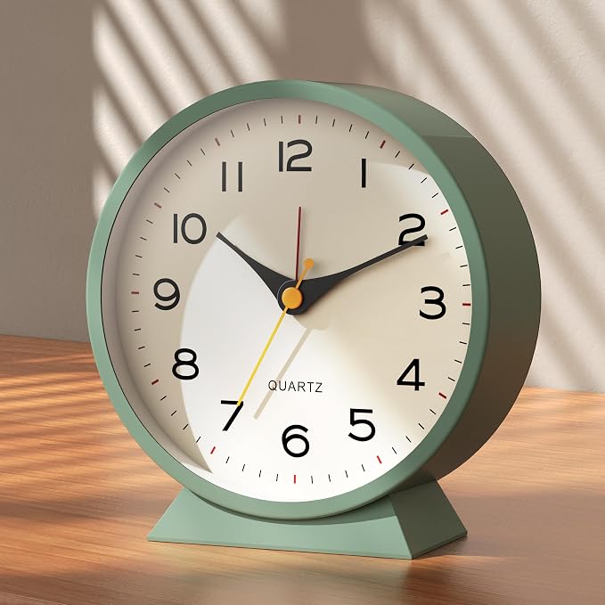 AYRELY® 4.5" Analog Alarm Clock, Small Retro Desk Clock and Table Clock | Battery Operated, Silent Metal Table Clock with Light for Living Room Decor, Bedroom, Bedside and Shelf (Green)