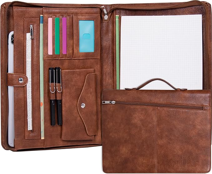 AZXCG Portfolio Binder, Portfolio with Handle and Zipper,Leather Podfolio for Men,Business Padfolio Organizer for Women, A4 Notepad Holder,Gift for Father's Day,Men and Women