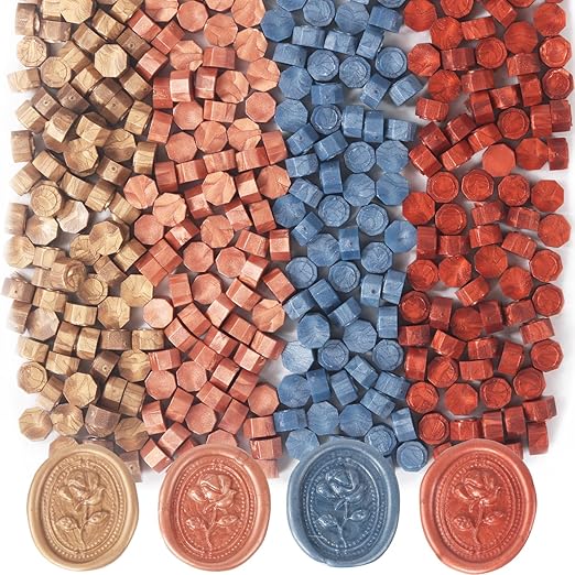400Pcs Metallic Copper Wax Seal Beads, 4 Colors Bronze/Red Copper/CopperGold/Metallic Blue Wax Seal Kit for Stamp Seals, Decor for Envelope Letter Wedding Invitation (Copper Gold Mix)
