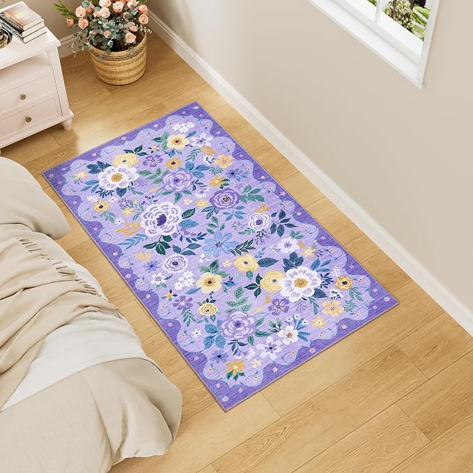 DUKINO 2x4 Rug for Entryway, Washable Kitchen Floral Runner Rug with Non Slip Backing, Low Pile Soft Boho Carpet for Kitchen, Hallway, Entryway, Laundry, Bedroom, Purple