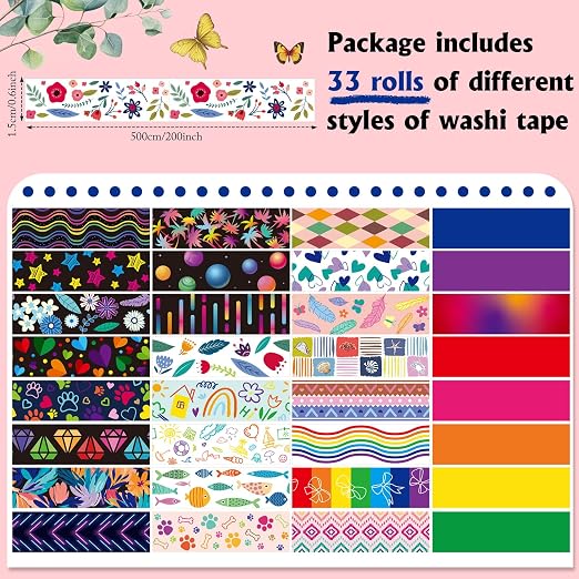 TaoBary 33 Rolls Washi Tape Set, 15 mm Holiday Washi Tape Set Seasonal Plaid Bohemian Colorful Vintage Cute for Card Wrapping Craft(Cool Style)