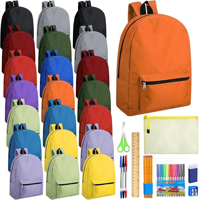 Silkfly 24 Pack 17'' Backpacks Bulk with 24 Stationery Supply Sets, Bookbags and Writing Accessories Kit for Donation(Multicolor)