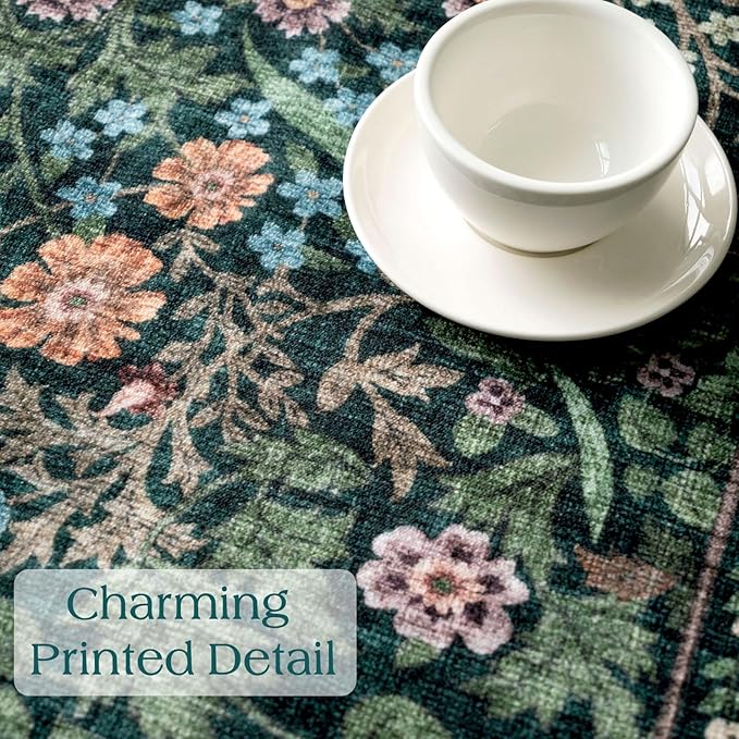 Moss Green 9x9 Square Rug - Soft Washable Boho Floral Living Room Rug Non Slip Stain Resistant Vintage Retro Dark 9' Square Area Rugs for Bedroom Guest Room Dining Room Rugs for Under Table