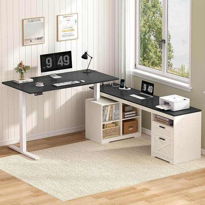 66 inch Farmhouse L Shaped Standing Desk with Storage for Home Office | Corner Electric Standing Desk with Drawers ＆ Storage Shelves, Height Adjustable Desk with Power Outlets, Black & White