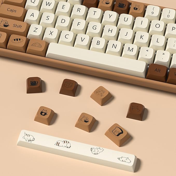 dagaladoo Keyboard keycaps Set,Cute PBT keycaps 60% 65% 75% 100%,dye-Sublimation XDA Profile Custom Key caps for Cherry-mx Full Size Retro Mechanical Keyboard,Brown Coffee cat 140-key