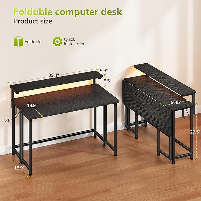 Folding Desk,Foldable Computer Desk with Monitor Stand,39.4 Inch Gaming Desk with LED Lights & Hooks,Space Saving Sofa Table for Couch,Home Office Desk for Bedroom Living Room,Black