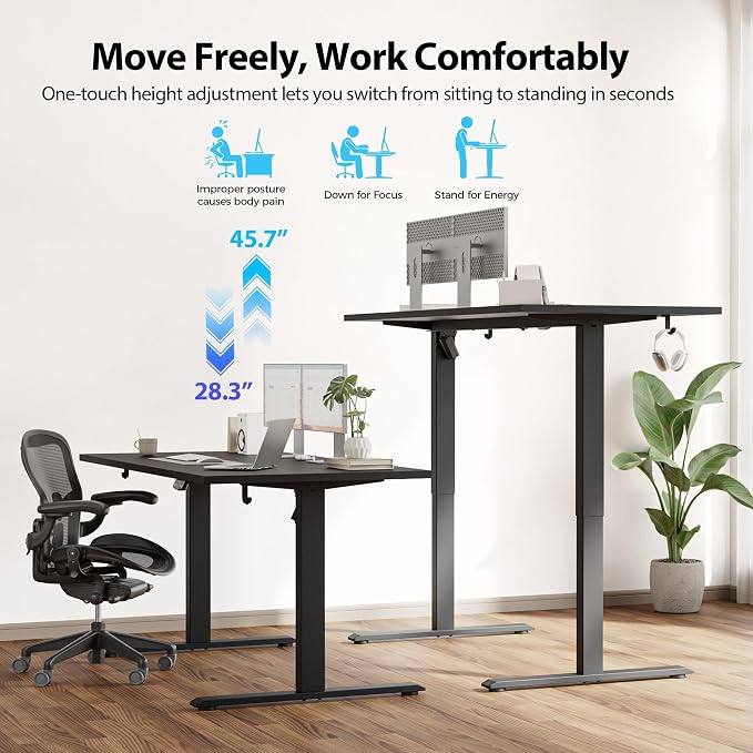 Agilestic Electric Standing Desk, 55 x 28 Inches Height Adjustable Desk, Sit Stand up for Work Office Home, Ergonomic Rising Computer Table with Memory Preset, Black