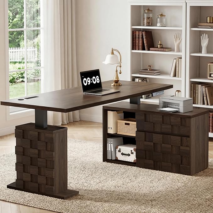 67" L Shaped Standing Desk with Drawers, Electric Height Adjustable Corner Desk, Sit Stand Office Desk with 4 AC Outlets & Type C Port, Executive Computer Desk with Cabinet, Brown