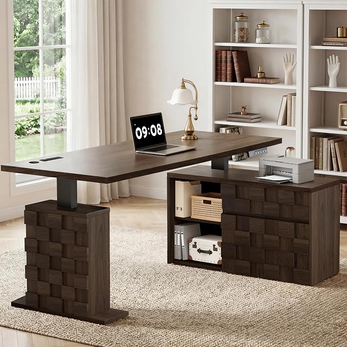 67" L Shaped Standing Desk with Drawers, Electric Height Adjustable Corner Desk, Sit Stand Office Desk with 4 AC Outlets & Type C Port, Executive Computer Desk with Cabinet, Brown