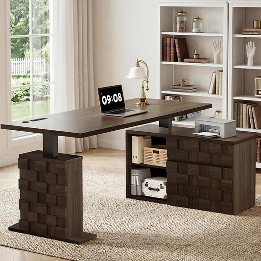 67" L Shaped Standing Desk with Drawers, Electric Height Adjustable Corner Desk, Sit Stand Office Desk with 4 AC Outlets & Type C Port, Executive Computer Desk with Cabinet, Brown