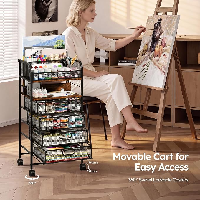 Rolling Art Cart with 4 Drawers, Rustic | Art Supplies Organizer, 5-Tier Storage, Adjustable Dividers, Anti-Pull Mesh Drawers, Metal Frame, 4 Casters with 2 Locks