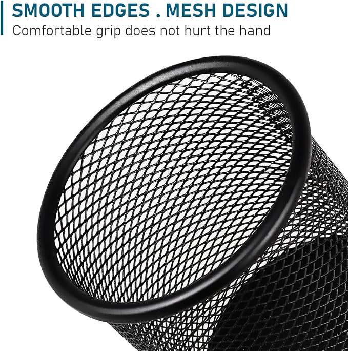 QYH Mesh Pencil Cup for Desk 6 Pack, Black Pen Holder 3.54"x3.93" | Metal Pencil Box, Desk Organizer for Office, School, Home & Business