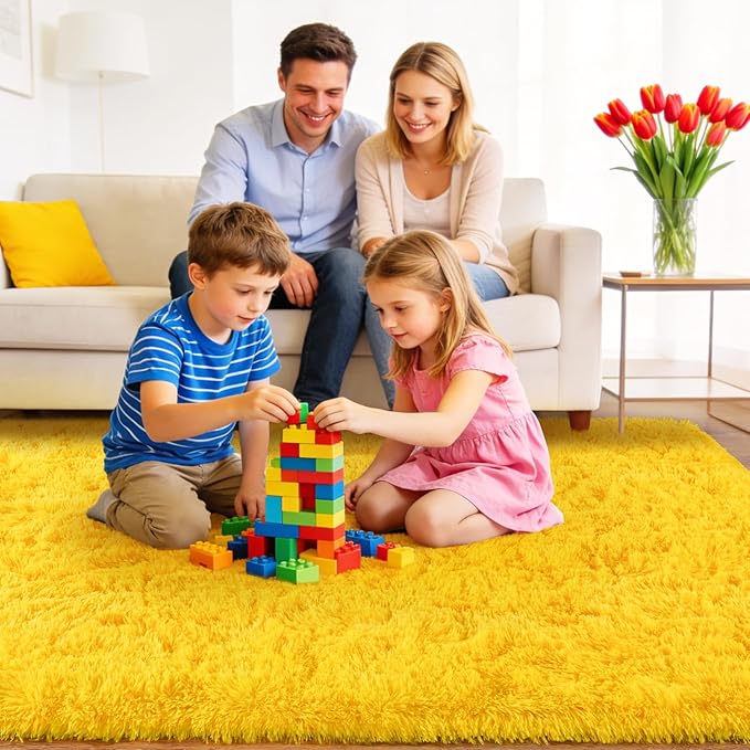 Area Rugs for Living Room Bedroom 9x12, Ultra Fluffy Shag Rug Modern Washable Carpet Soft Shaggy Non Slip Indoor Plush Fuzzy Rugs for Bedroom Dorm Office Home Aesthetic Decor, Yellow
