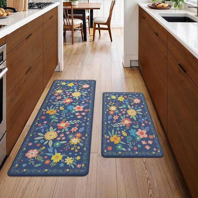 GENIMO Anti Fatigue Kitchen Mats for Floor 2PCS, Cushioned Standing Mats | 17.3"x47"&17.3"x30", Navy vintage floral rug set, waterproof, non slip, easy-clean for farmhouse