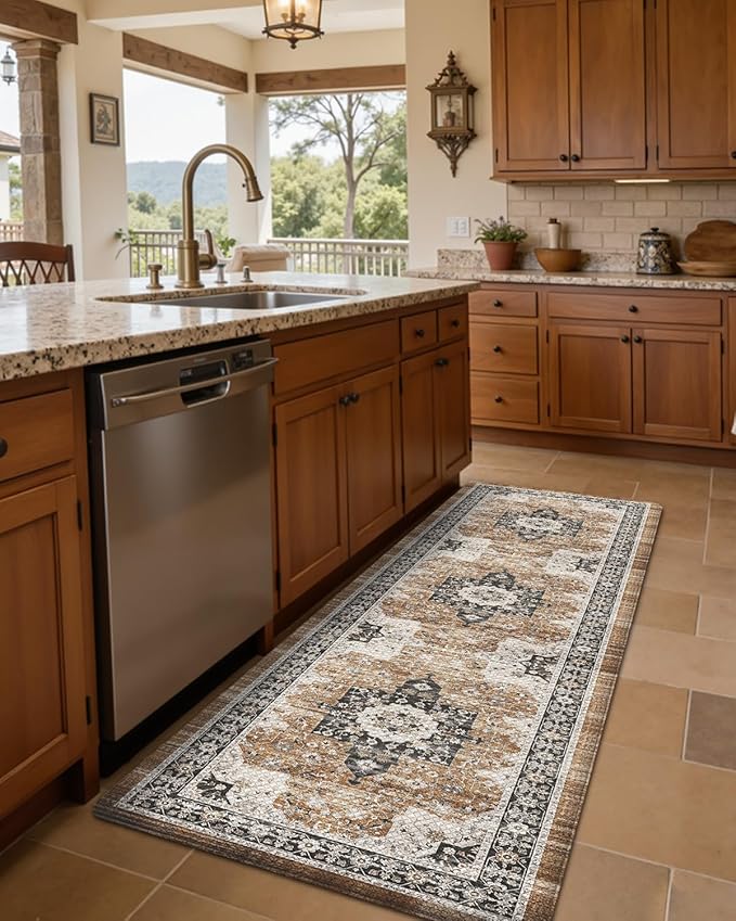 DEXI Kitchen Floor Mats Cushioned Anti Fatigue, 23x59 Long Wide Standing Comfort Runner Rug, Waterproof Retro Floral Memory Foam Padded for Front Sink Laundry, Black/Brown
