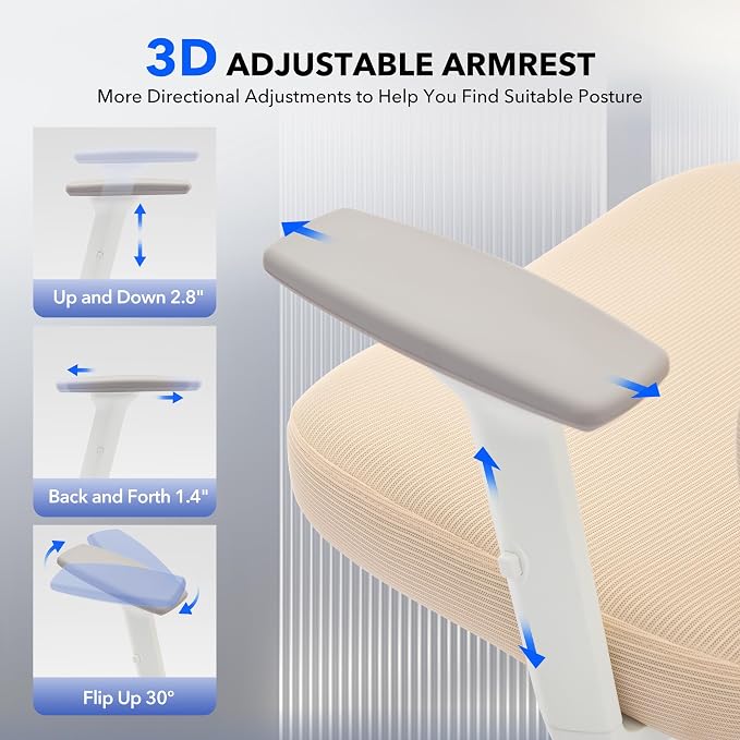 Office Chair Ergonomic Desk Chair - Home Mesh Office Desk Chair with Adjustable Lumbar Support, High-Back Computer Gaming Chair with Headrest 3D Armrests, Rolling Swivel Task Chairs for Home, Office