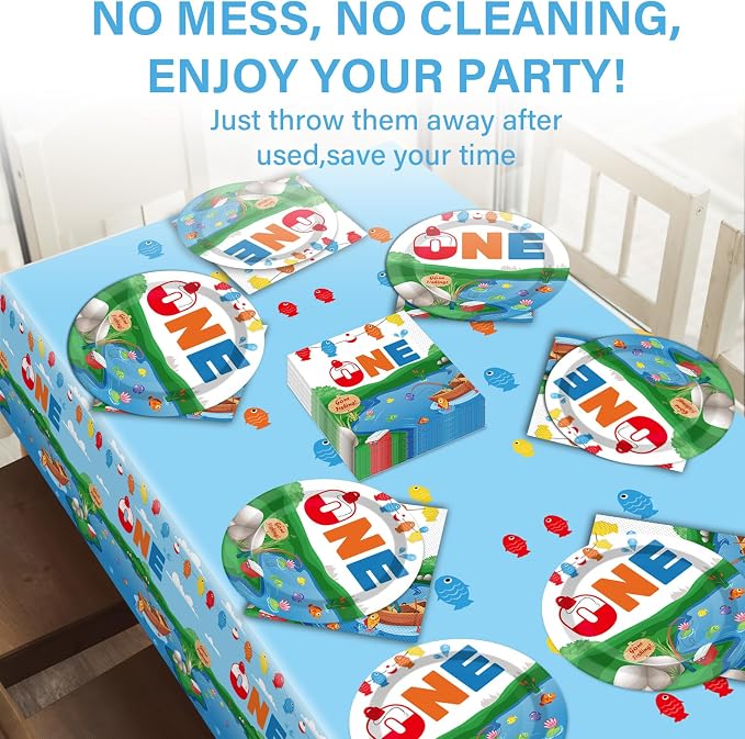 Ofishally One Birthday Party Supplies Serves 24 Gone Fishing 1st Party Paper Plates Napkins Little Fisherman Tablecloth Set Tableware Kit for Baby Shower Decorations Kids Boys Girls