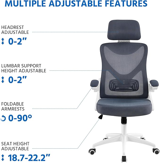 Yaheetech Ergonomic Mesh Office Chair, High Back Desk Chair with flip-up Armrests, Adjustable Padded Headrest Lumbar Support for Home Oiffce Game Room, White/Gray