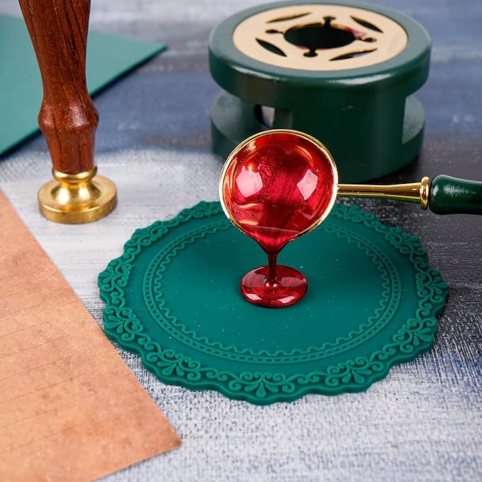 Wax Seal Kit Furnace with Spoon and Silicone Pad for Melting Wax Seal Beads or Sticks, Green