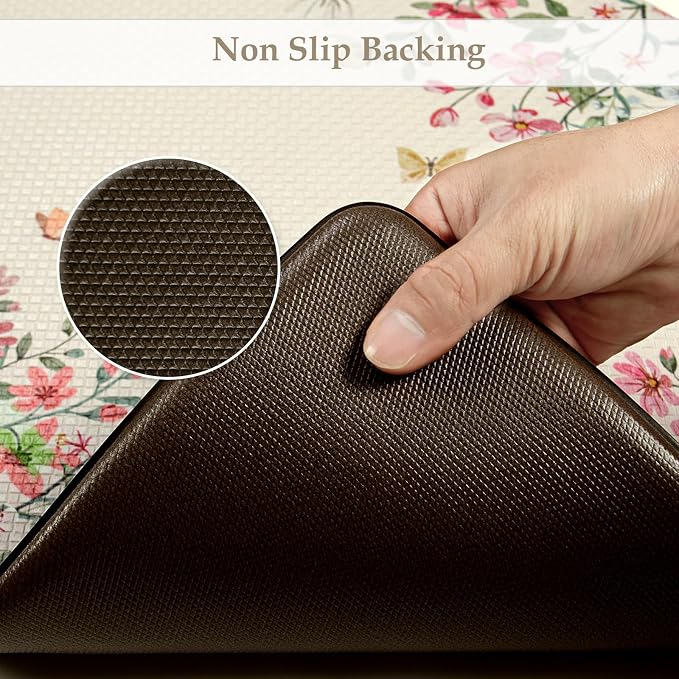 KIMODE Anti Fatigue Kitchen Mats for Floor 2 Piece, Cushioned Floral Kitchen Rugs, Memory Foam Kitchen Floor Mats, Summer Standing Desk Mats for Laundry Office Sink Beige 17"x47"+17"x29"