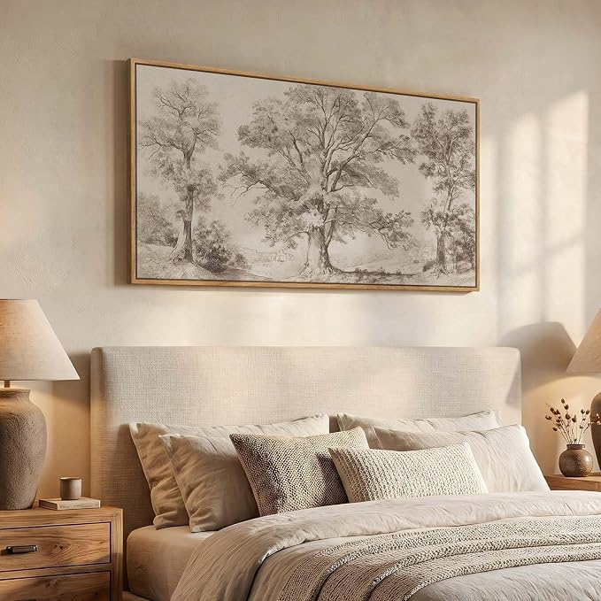 Framed Vintage Landscape Wall Art for Living Room, Horizontal Neutral Canvas Artwork Wall Decor, Large Tree Pictures Prints Paintings for Bedroom Dining Room Hallway, 20x40 Inch